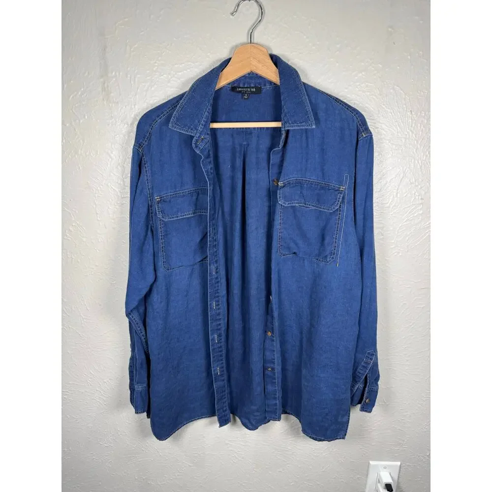 Lafayette 148 Blue Linen Denim look Button Down LS Sz Small - Picture 4 of 9
